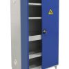 Lockable chemical storage cabinet with spill tray shelves, blue doors and light grey frame