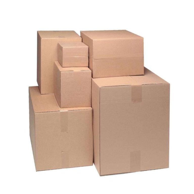 Stack of brown corrugated cardboard boxes in different sizes