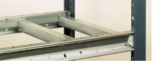 Galvanised Dexion HI280 crossbeam supporting a chipboard shelf level between shelf beams