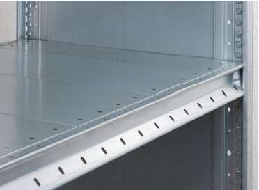 Close-up of galvanised steel shelf panels on Dexion HI280 small parts shelving