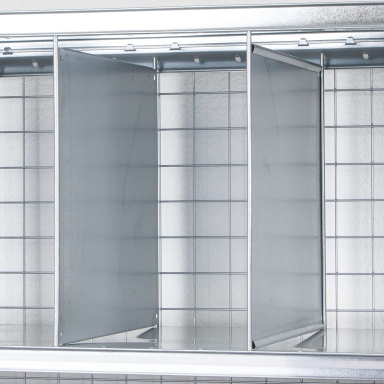 Galvanised steel shelf divider plates on Dexion HI280 small parts shelving