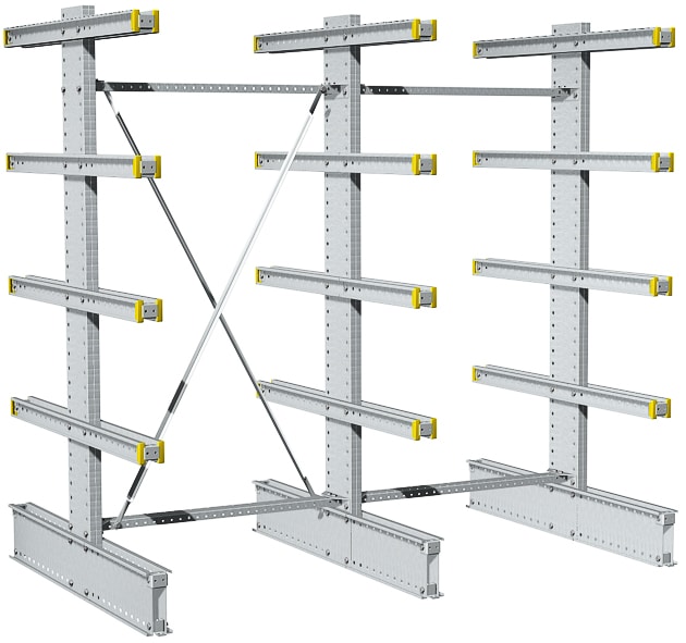 Dexion light-duty double-sided cantilever racking with 3 uprights for pipes and bars