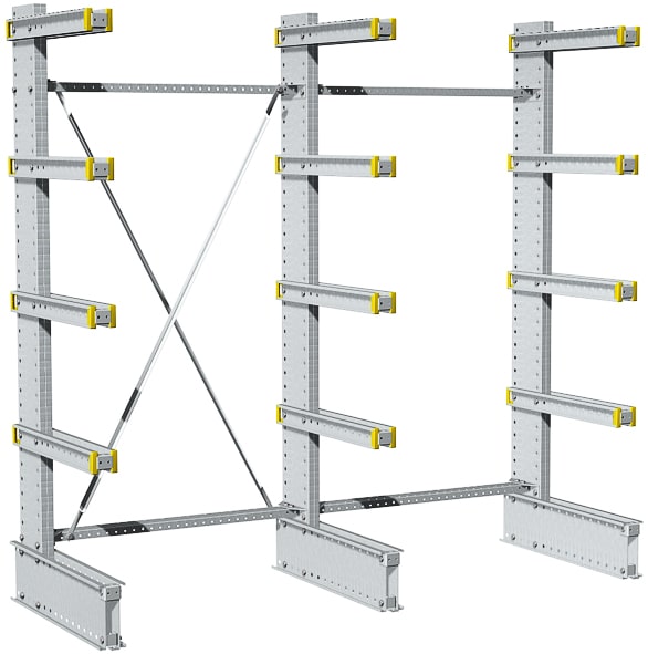 Dexion light duty single-sided cantilever rack with three uprights