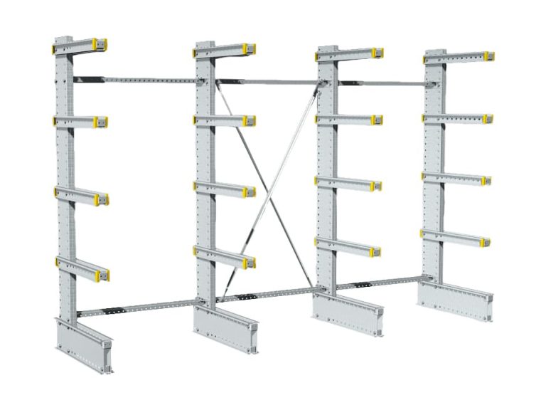 Dexion light duty single-sided cantilever racking with four uprights, galvanised long goods storage rack