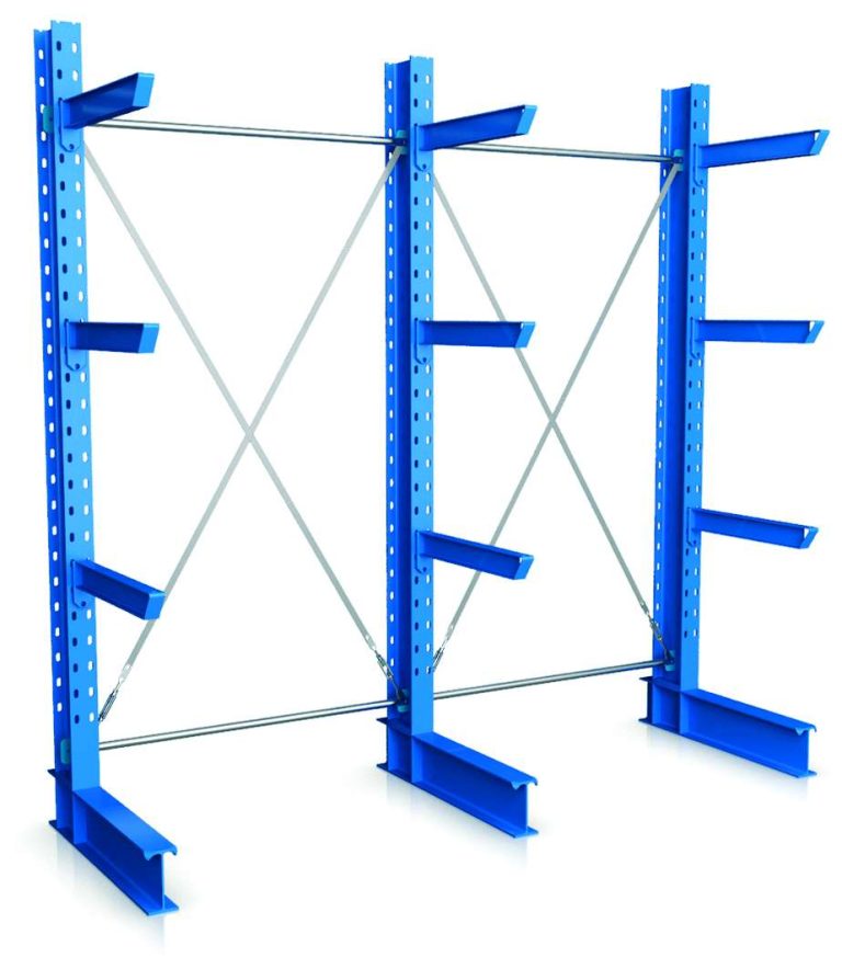 Blue Dexion RU K60 single-sided cantilever racking with three uprights and cantilever arms