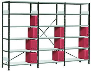 Dexion S90 3-bay small parts shelving with steel shelves and cross bracing