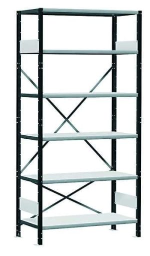 Dexion S90 small parts metal shelving with light grey steel shelves and dark grey uprights.