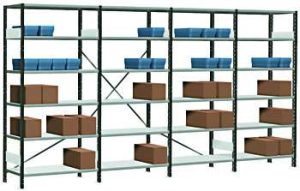 Dexion S90 4-bay small parts shelving with 6 steel shelf levels