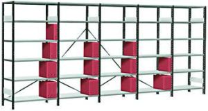 Dexion S90 small parts shelving unit, 5-bay steel shelving with cross bracing