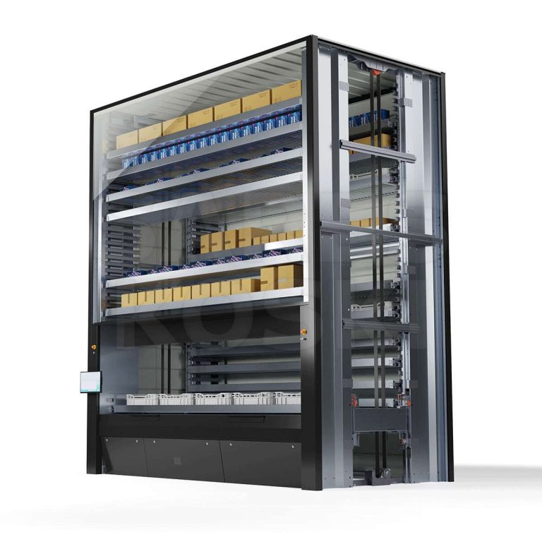 Dexion Tornado vertical lift module (VLM) automated vertical storage machine with trays for small parts picking