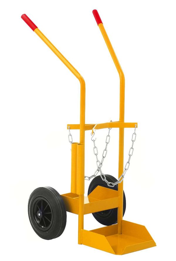 Double gas cylinder trolley for two 20 L welding bottles (Ø ≤ 200 mm) with Ø 250 mm solid‑rubber wheels and safety chains