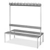 Double-sided changing room bench with hooks, lacquered pine slats, backrest and powder-coated steel frame