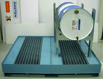 Galvanised adjustable 200 L drum cradle on a spill pallet for safe dispensing