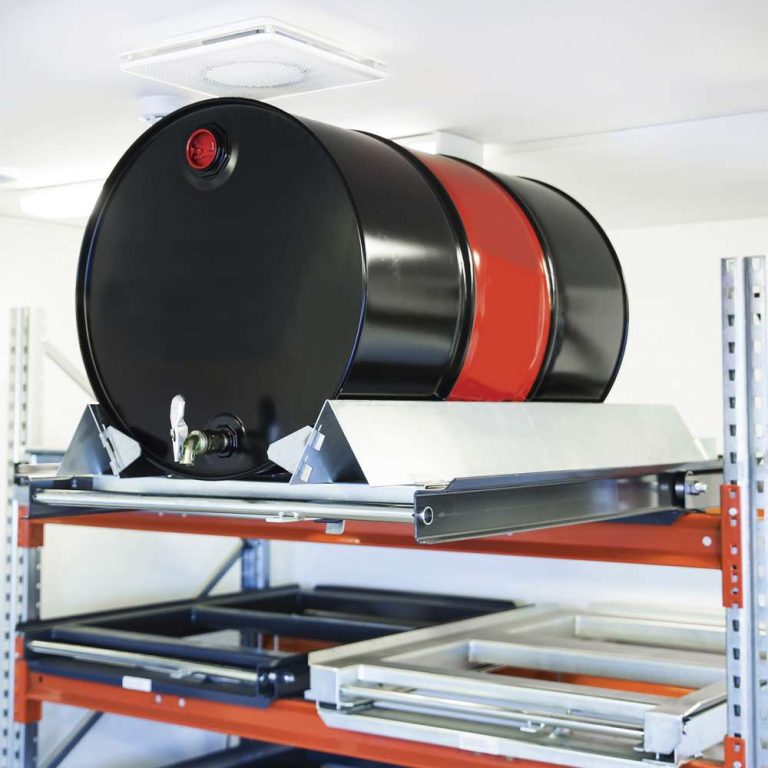 Galvanised drum spill tray on a pull-out shelf in pallet racking for stable drum storage and spill containment