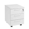Economy 3-drawer pedestal with central locking, four castors and pen trays in white melamine finish