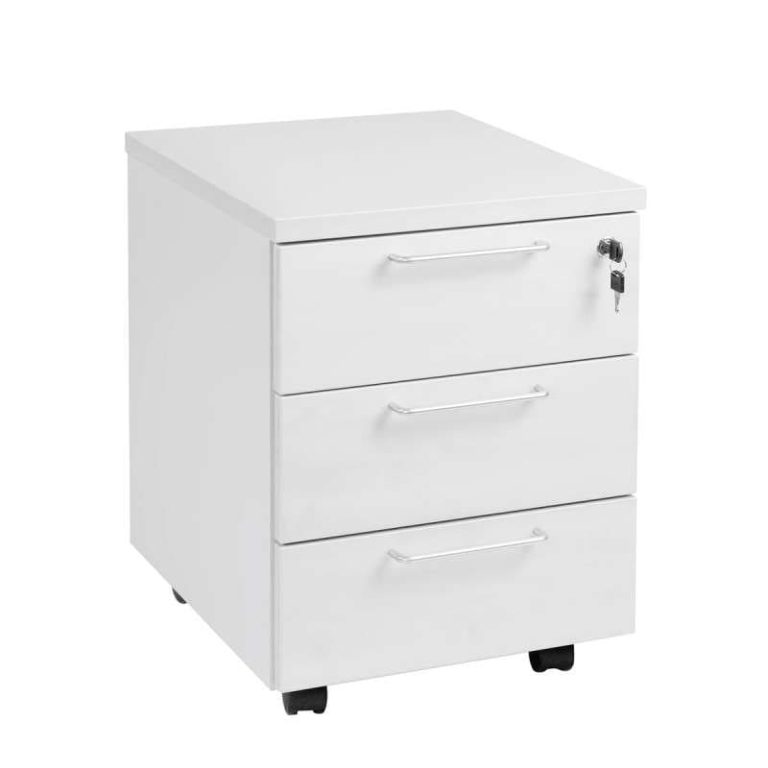 Economy 3-drawer pedestal with central locking, four castors and pen trays in white melamine finish