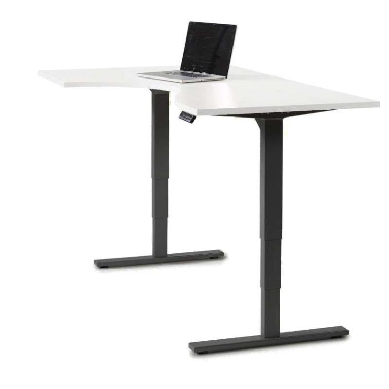 Economy Flex L-shaped electric height-adjustable desk with black frame and birch worktop