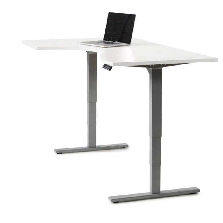 Economy Flex L-shaped electric standing desk with white desktop and grey two-leg frame