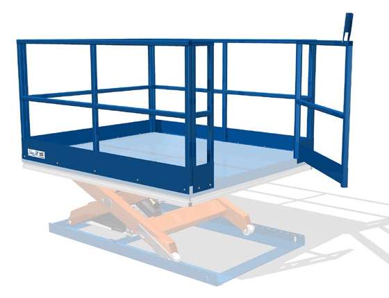 Edmo Lift lift table with blue guardrails and a safety gate