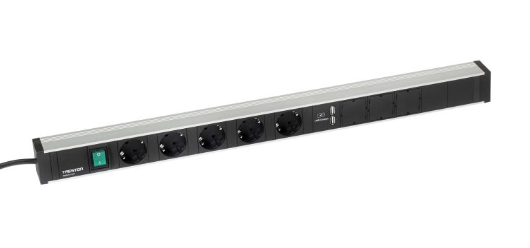 Energiskena 683 med 5 Schuko-uttag, strömbrytare och 2 USB-laddare för Treston arbetsbord