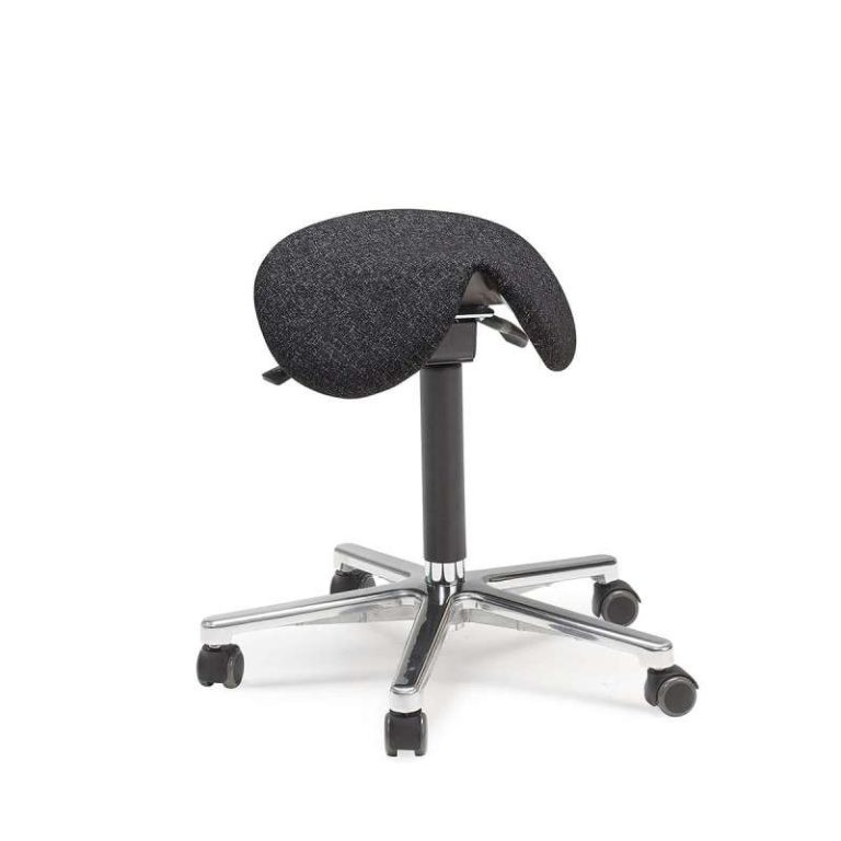 Finnish-made ergonomic saddle stool with black saddle seat, chrome star base and castors
