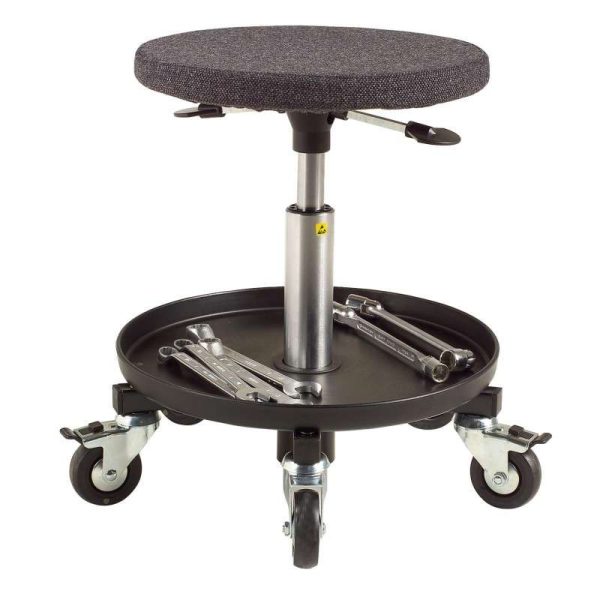 ESD technician stool with castors, conductive fabric seat, gas‑lift 370–500 mm