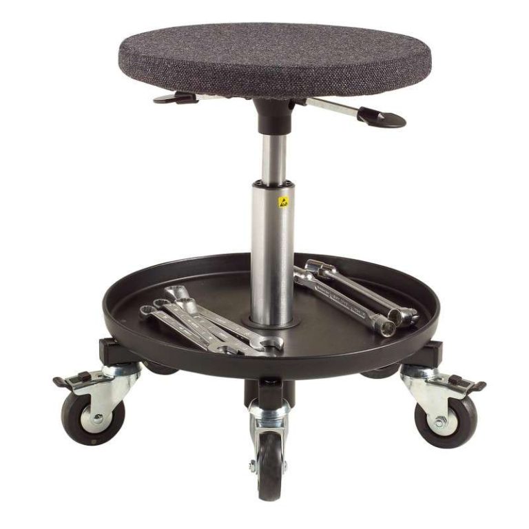 ESD technician stool with castors, conductive fabric seat, gas‑lift 370–500 mm
