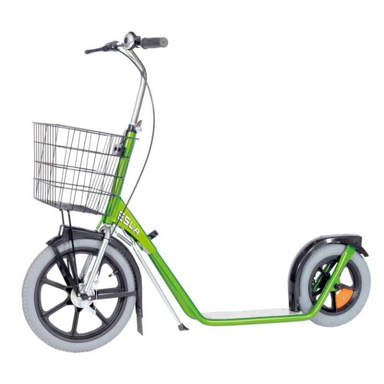 Green ESLA industrial kick scooter with large wheels and optional front basket