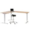 Executive electric height-adjustable corner desk with beech desktop and three-leg frame.