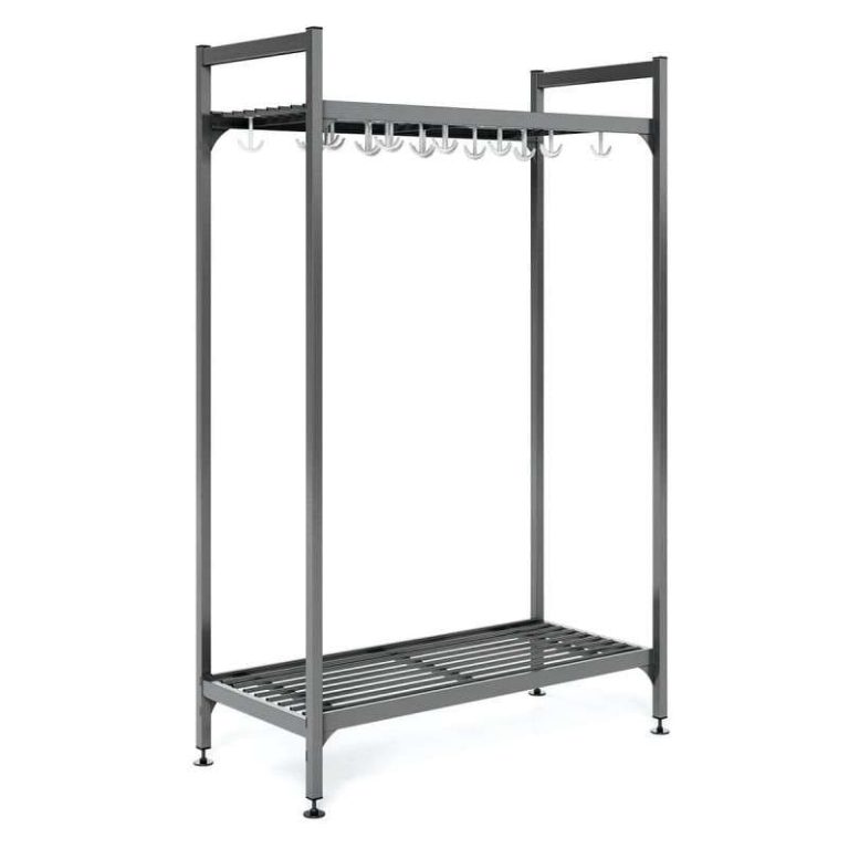 Extend modular freestanding steel coat rack base unit in dark grey with hooks and slatted shelves
