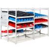 FIFO flow rack shown with roller levels and plastic bins for workstation picking