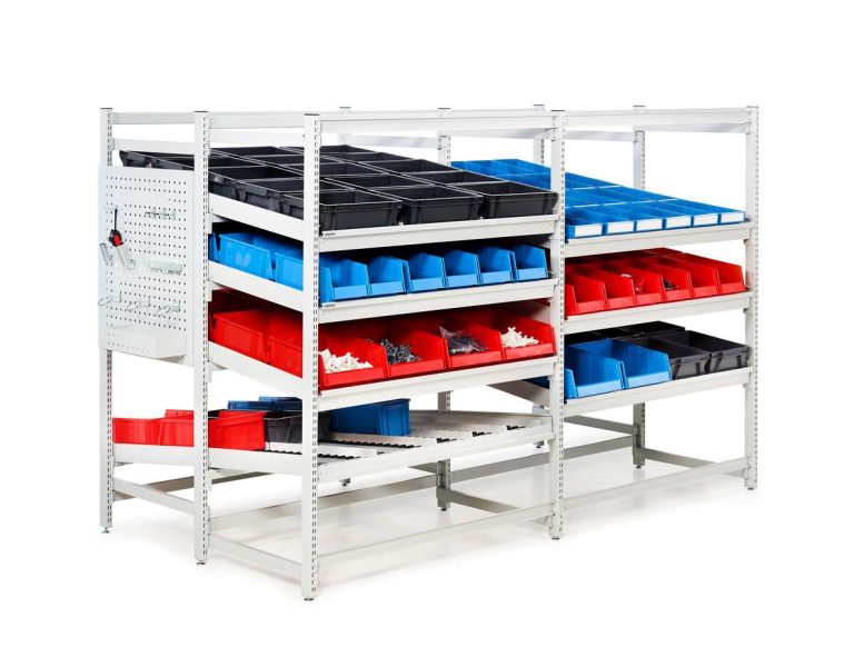 FIFO flow rack shown with roller levels and plastic bins for workstation picking