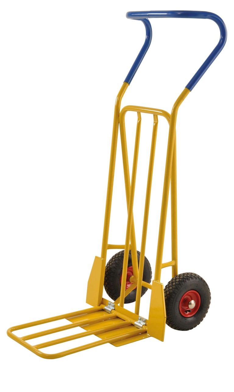 ERGO folding sack truck 250 kg with ergonomic handle and yellow powder-coated steel frame