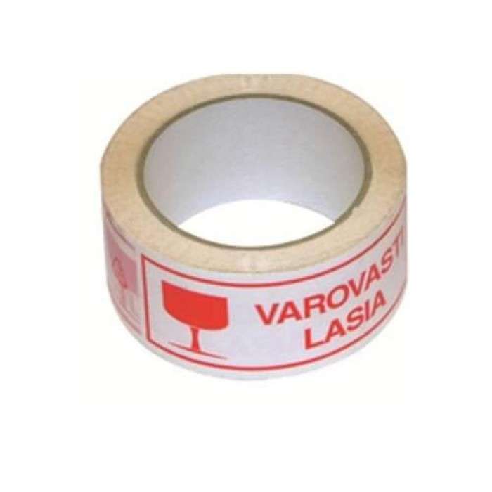 White fragile packing tape with red Finnish glass warning and glass symbol