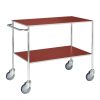 Fully welded table trolley with red laminated shelves and swivel castors