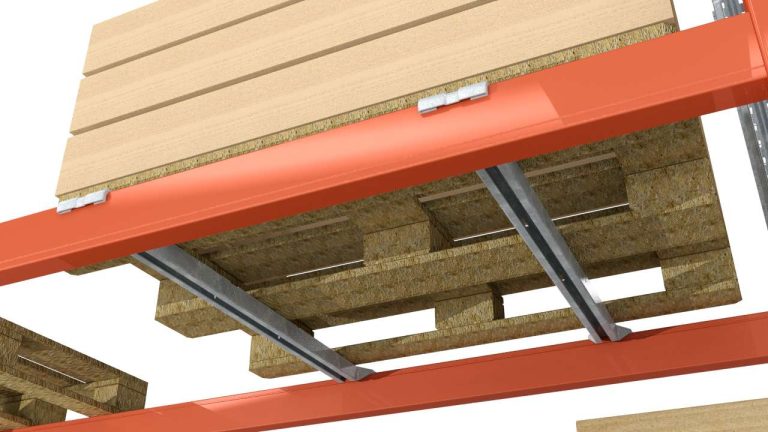 Galvanised pallet cross beam installed in pallet racking under a wooden pallet (1050 mm)