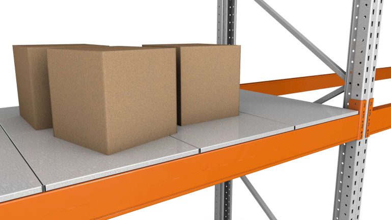 Galvanised shelf panel on pallet racking for carton storage