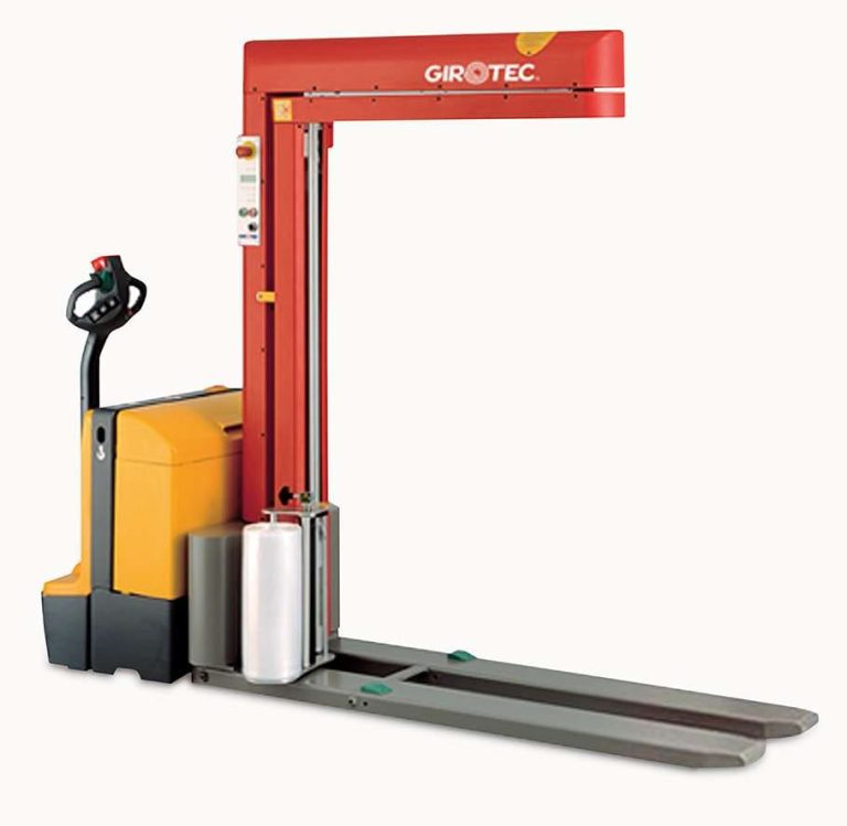 Girotec semi-automatic pallet wrapping machine with pallet truck base and stretch film roll
