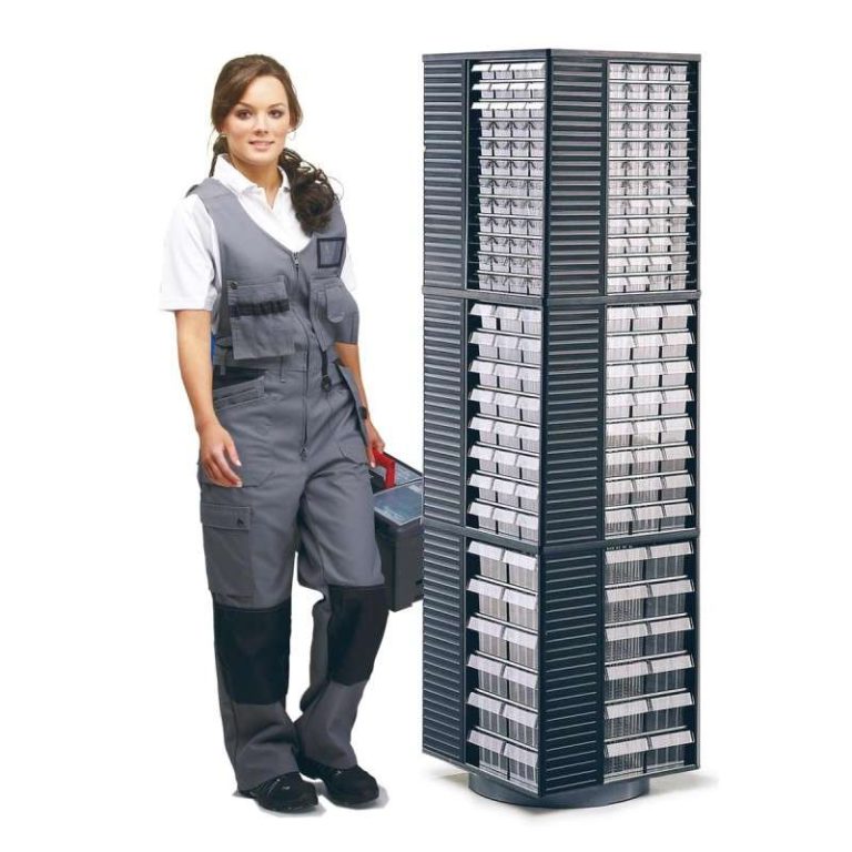 Golvkarusell för smådelskassetter 12‑550, roterande ställ 500×500×1730 mm