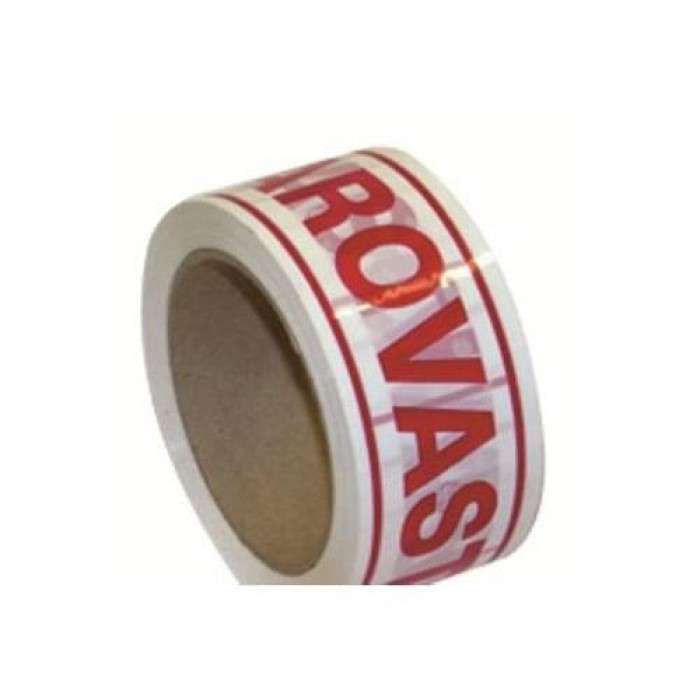 White packing tape roll with red VAROVASTI lettering and red border lines
