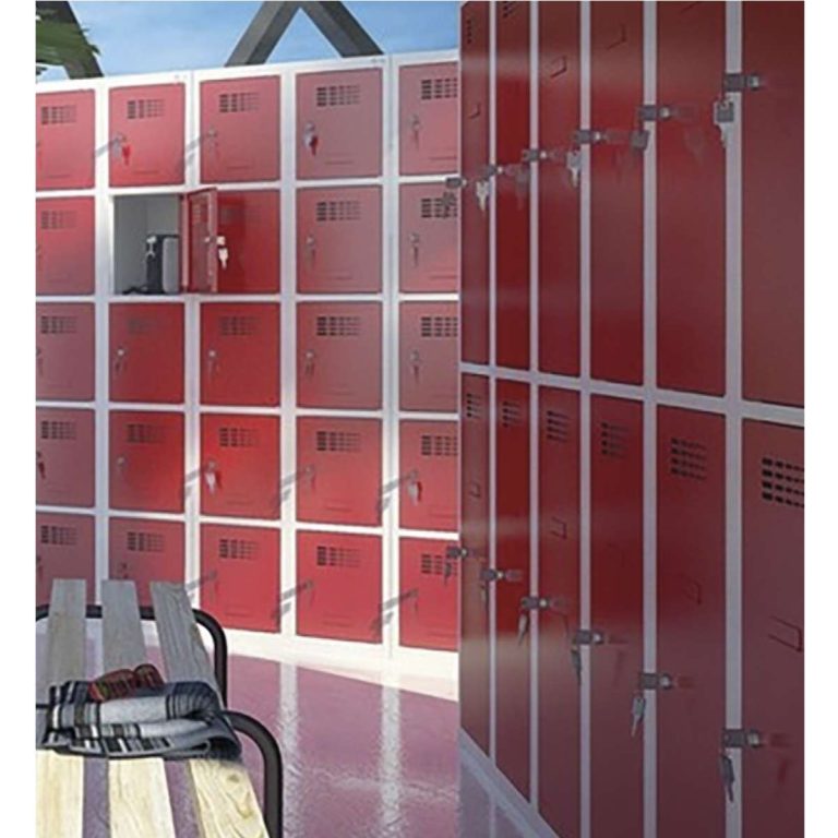 Handy Ewo 3-tier steel lockers in a changing room with red doors and light grey frames