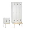 Light grey Handy Ewo locker with pull-out bench and lacquered pine seat, shown extended under a three-door locker