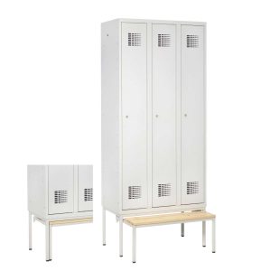Light grey Handy Ewo locker with pull-out bench and lacquered pine seat, shown extended under a three-door locker