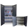 Handy power tool charging cabinet in tall and low versions with doors open, adjustable shelves and integrated sockets