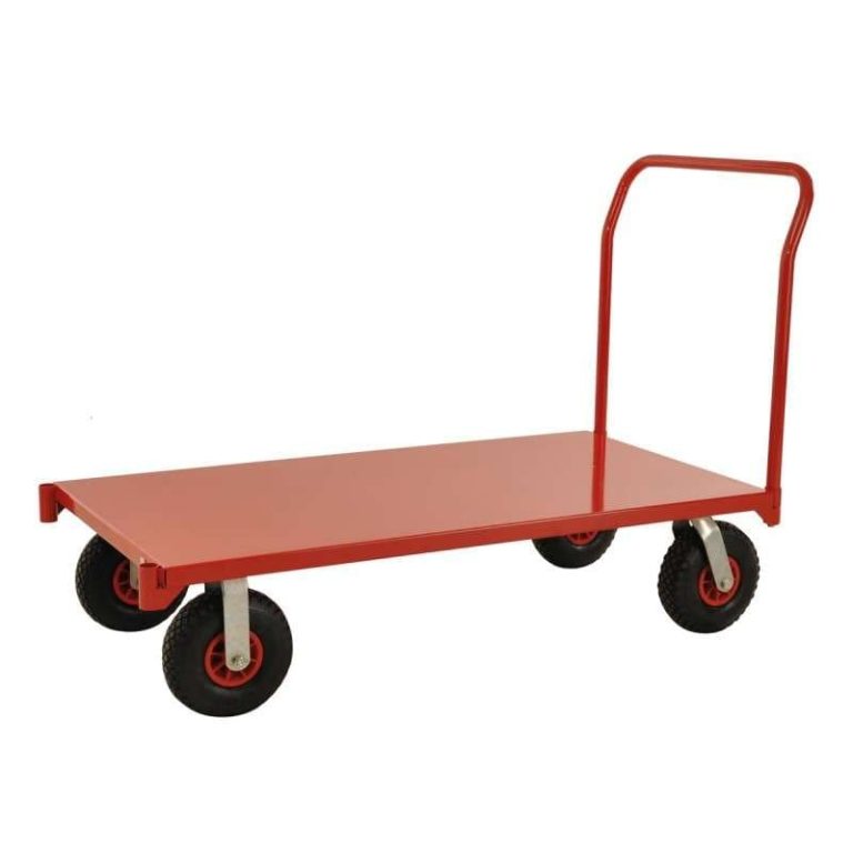 Heavy-duty platform truck 1200 kg with red steel deck and pneumatic tyres