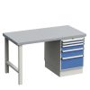 Treston Workshop heavy-duty workbench with steel worktop and blue 55/66-4 drawer unit