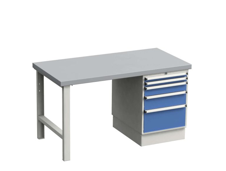 Treston Workshop heavy-duty workbench with steel worktop and blue 55/66-4 drawer unit
