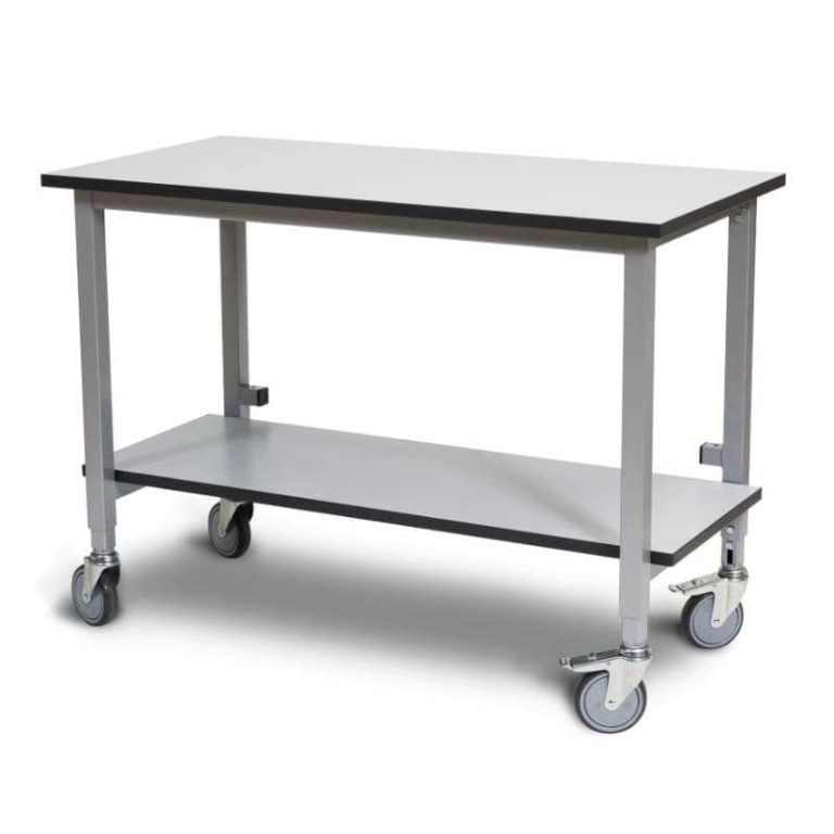 Height-adjustable mobile work table with 400 kg load capacity and swivel castors