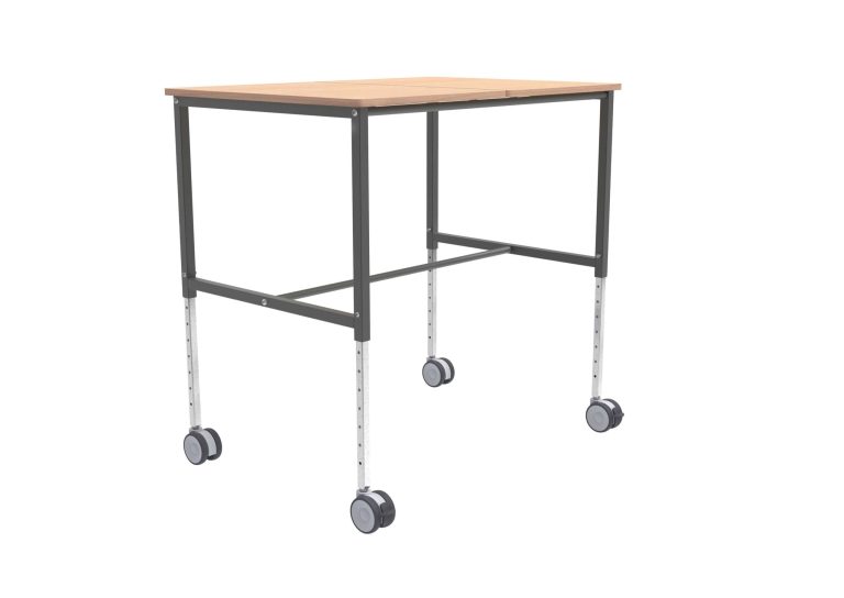 Height-adjustable mobile work table with beech-finish top, grey frame and four castors