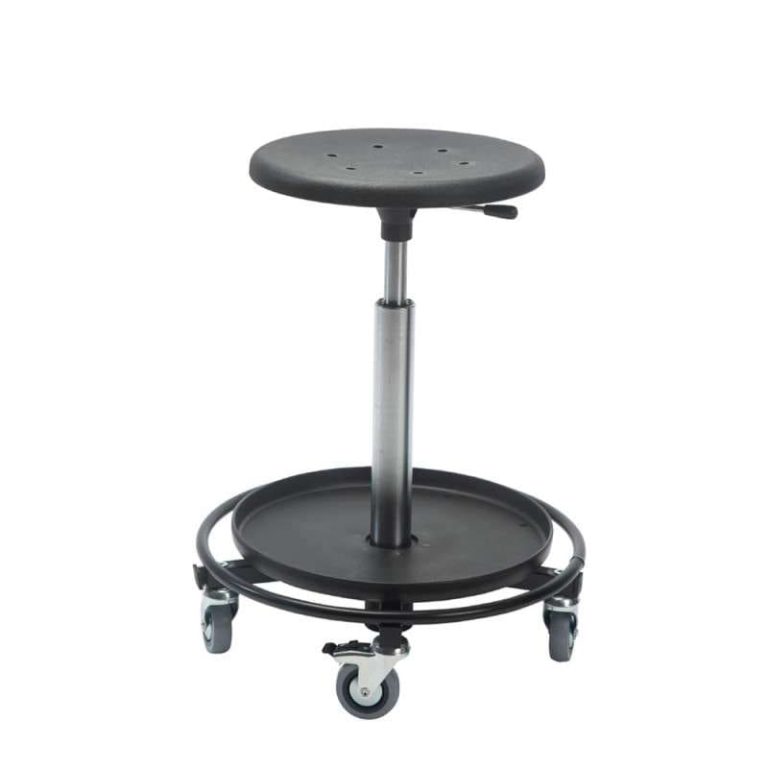 High workshop stool with castors, PU seat, height 550–810 mm
